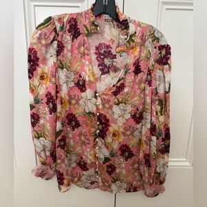 Alice + Olivia Pink Floral Silk-Blend Ruffle Blouse